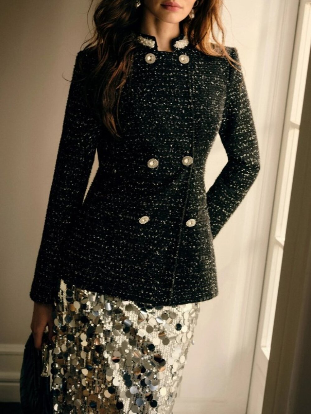 Black Metallic Tweed Jacket with Jeweled Buttons